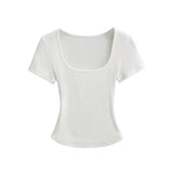 Trend Spice Girls Basic Style Large U-Neck Straight Shoulder Short-Sleeved T-Shirt Slim And Elastic Blouse-Outfit