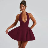 Deep V-Halter Backless A-line Mini Dress-Outfit