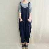 2021 Summer Women Loose Casual Bib Overalls Cotton Linen Rompers Long Jumpsuits Solid Strappy Pockets Dungarees