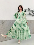 Fongt Dress Women 2025 New High-End Sense V-Neck Pearl Buckle Lantern Sleeves Wide Swing Print Long Skirt