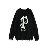Gothic Y2K Grey Sweater Women Grunge Harajuku Oversize Distressed Pullover Jerseys Kpop Hippie Streetwear Knitted