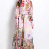 Fongt Senior Sense Printing Set Of Lantern Cuffed Shirt High Waist Swing Skirt Two Sets