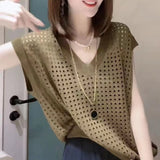 Summer New Thin Hollowed-Out V-Collar Knitted Blouse Vest Blouse-Outfit