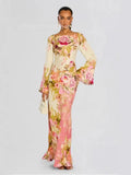 Fongt Middle East Women's Dress Prints Long-Sleeved Horns Long Dress Evening Dress