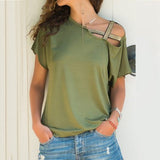 Women Skew Neck Irregular Criss Cross Blouse Patchwork Solid Tops Blusa Femme One Shoulder Summer Shirt Hollow Plus
