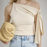 Fongt Golden Little Sister With The Same Ribbon Clothes 2024 Summer New Sexy Shoulder T-Shirt
