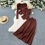 Fongt Fragrant Style Wears Women's Three-Piece Set Of Sleeveless Vest Metal Buckle Long-Sleeved Knitted Skirt