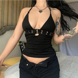Fongt 2024 Sexy Day Word Button V Neck Low Chest Hanging Neck Tight Navel Bottom Small Vest Top-Outfit