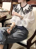 Lace Loose Shirt Patchwork Women's Blouse Summer Long Puff Sleeve Casual Top 2022 Fashion Female New French