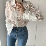 Lace White Blouse Women Hollow Out Flower Embroidery Shirt Sexy See Through Turn Down Collar Long Sleeve Top Blusa