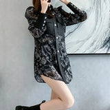Printed Stylish Leather Patchwork Blouse Women's Clothing Elegant Chic Single-breasted Spring Autumn New Polo-Neck Shirt-Outfit