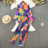 Fashion Suit Women's Casual Loose Long-sleeved Single-breasted Shirt Two-piece High Waist Slim Tie-dye Printed Wideleg Pants-Outfit