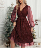 Fongt New V-Collar Elegant Slim Solid Color Stitching Mesh Perspective Sprinkling Powder Dress Female-Outfit