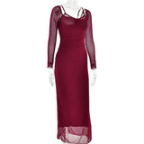 Burgundy Sheer Long Sleeve Bodycon Maxi Dress-Outfit