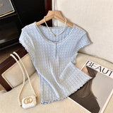 And Comfortable Solid Color Lace Lace Lace Collar Knitted Knit Shirt Short Sleeve Summer New Sweet Thin Top