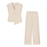 Fongt Explosion Women's Button Blouse Broad Leg Trousers Set