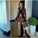 Tie Up Feather Leopard Print Tie Up Top And Mini Skirt Set-Outfit