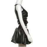 Black PU Leather Off-Shoulder And Pleated Mini Skirt Two Piece Set-Outfit