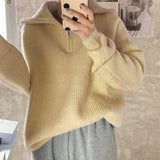 Women Rib Knitting Open Zipper Lapel Sweater 2021 Autumn Vintage Pullover Knitwear Long Sleeve Retro Ladies Knit Jumper