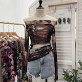 Vintage Graffiti-Printed Shoulder-Threin Mesh Long-Sleeved Blouse Side Drawstring Tethered With Slime T-Shirt