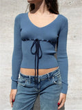 Vintage Knitted Solid Slim Fit Sweaters Tops for Women V-neck Ribbed Lace-up Casual Pullovers 2023 Female Jumpers New-Outfit