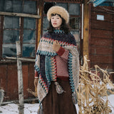 Boho Cloaks Capes Top Red Women Autumn Winter Floral Knitted Poncho Capes Tassels Chic Cloak Poncho
