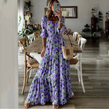 Fongt Summer New Women's Wear Temperament Holiday V Collar Print Large Place Long Dress-Outfit