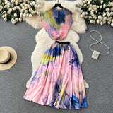 Blooming Printed Skirt Suit Women's New Thread Temperament Half-high Collar Top + Pleated Skirt Two-piece Set-Outfit