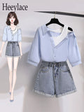 Women Summer Denim Shorts Sets 2022 Korean Casual Slash Neck Off The Shoulder Top And Shorts Two Pieces Sets For Women