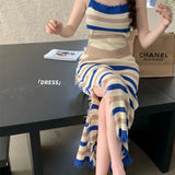 Retro Striped Knitted Sling Dress Girl Spring And Autumn New Bag Hip Chic Temperament Open Fork Long
