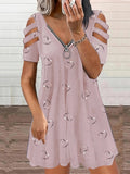Fongt Wish Women's V-Neck Zipper Printed Short Sleeves Relaxed Casual Lavender Dress