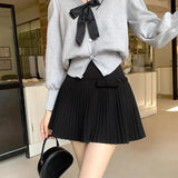 Bow Solid High Waist Pleated A-line Skirt-Outfit