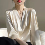 Fongt 2023 Summer Women's New Satin Shirt V-Neck Simple Nine-Minute Sleeve Temperament Versatile French Jacket-Outfit