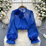 Fongt Shirt Female Design Sense Small Three-Dimensional Flower Bubble Sleeves To Reduce The Age Of Pure Color Chiffon Shirt Women's Long-Sleeved Top