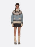 Blue Printed Stand Collar Knitted Cardigan-Outfit