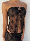 Lace Sheer Tube Tie Up Slit Top-Outfit