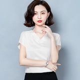 Lady Solid V-neck Blouse Women Summer 2022 Short Sleeve Casual Silk Satin Shirts Casual M-4XL Loose Tops Clothes