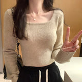 Short Soft Waxy Sweater With Square Collar And A New Short Long-Sleeved Blouse For Women In Autumn And Winter-Outfit