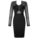 New Arrival Black Bandage Dress 2023 Women Beaded Sexy Mesh Long Sleeve Bandage Dress Bodycon Evening Party Club