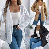 Shooting 2025 Autumn And Winter Casual Pure Color Hollow Long Sleeve Open-Shirt Sweater Coat Women's