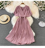 Fongt New V-Neck Short-Sleeved Dress Over Knee-Repaired Lady's Waist Tie Mid-Slap Dress