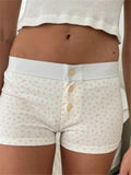 Women Summer Slim Fit Shorts Flower/Striped Print Front Button Down Elastic Waist Short Pants Sleepwear 2024 Bottoms-Outfit