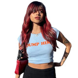 Fongt New Solid Color Letter Print Round Collar Head Short Sleeve Crop Casual Top-Outfit