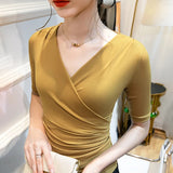 Summer Thin Women Crossed V Neck Mesh T Shirts Lady Elegant Elastic Base Folds Tops Tees Female Half Sleeve T-Shirt-Outfit