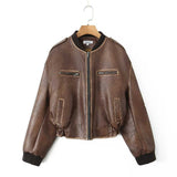 Fongt Autumn And Winter New Retro High Street PU Leather Jacket Small Port Style Design Sense