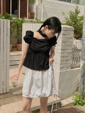 New Drawstring Bow Shirts & Blouses Square Collar Blusas Short Sleeve Camisas Loose Hem Ropa Mujer Summer Halter Tops-Outfit