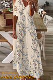 Short Sleeve Holiday Dress For Women Vintage Print V Neck Maxi Party Dress Elegant Ladies Loose Long Retro Dress