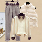 Winter Warm Matching Suits For Womens Knitted Sweater+parkas Vest+tweed Pants Sets Office Ladies Elegant Three Pieces