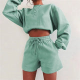 Solid Women Shorts Set Loose Casual Sweatshirt Fleece Pullover And Drawstring Shorts Suit Two Pieces Set Thick