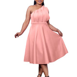 Fongt Women's Fashion Temperament Pure Color Sexy High-Waisted Wrinkled Shoulder Banquet Dress Dress Dress Dress